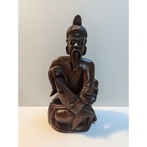 Vintage Asian Man Fishing Wood Carving